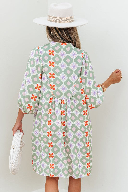 Geometric Floral 3/4 Sleeve Notched Neck Mini Dres