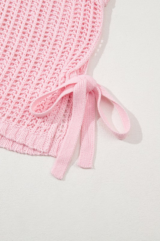 Hollow-out Crochet Tie Side Short Sleeve Sweater