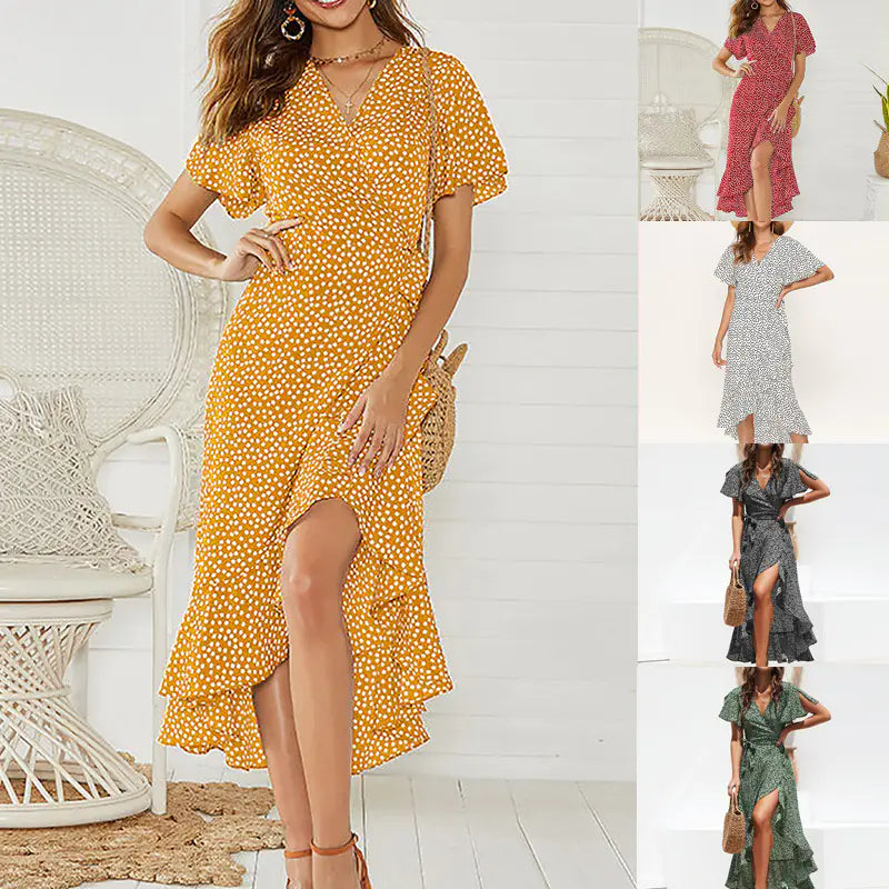 Summer Floral High-Waist V-Neck Chiffon Dress