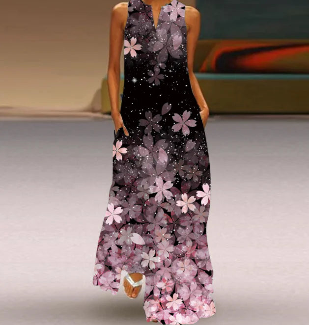 Printed V-neck Sleeveless Maxi Dress