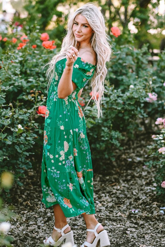 Floral Bubble Sleeve Smocked Tiered Midi Dress