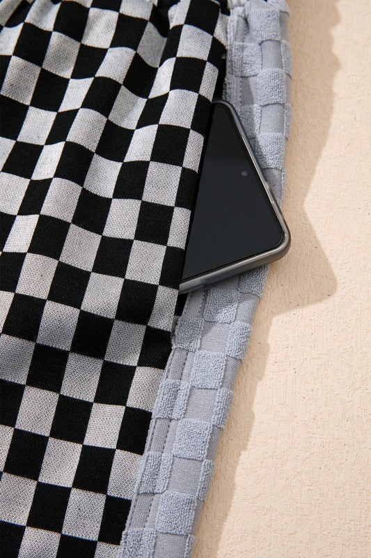 Checker Textured Patchwork Drawstring Waist Pants