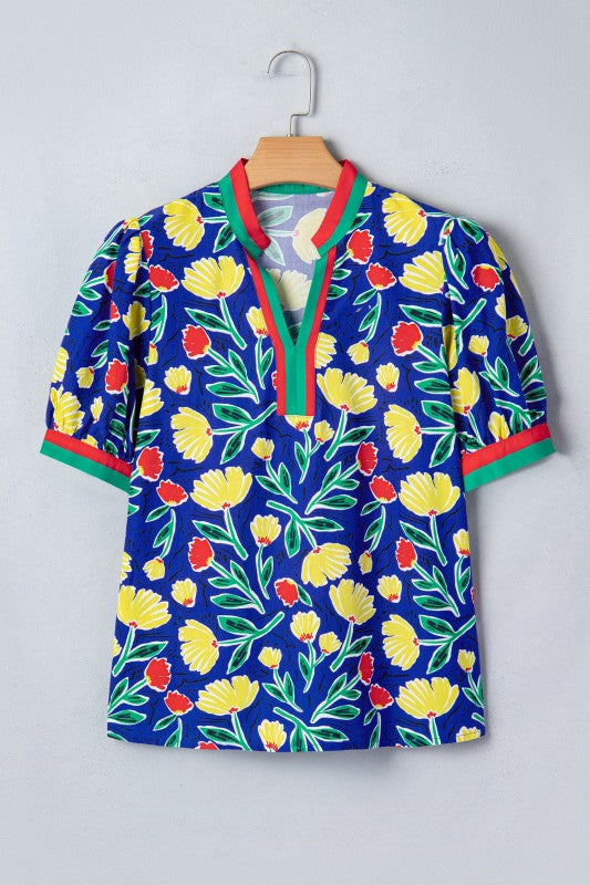 Floral Stripe Patchwork V-Neck Short Sleeve Blouse