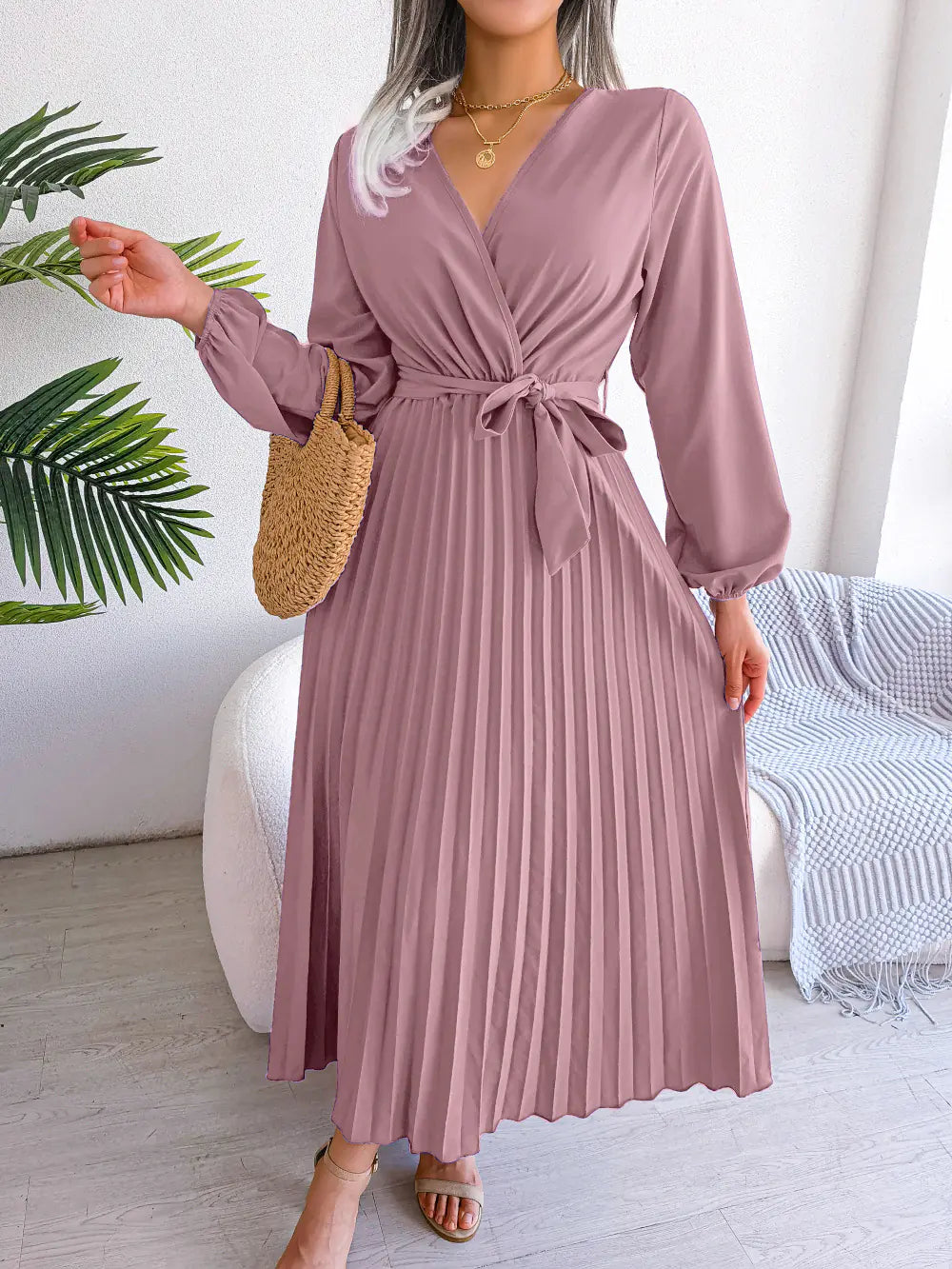 Spring/Summer Cross V-Neck Pleated Maxi Dress