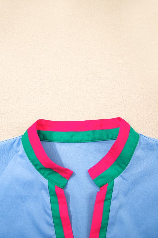 Contrast Stripe V-Neck Short Puff Sleeve Blouse