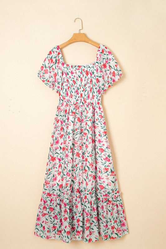 Floral Puff Sleeve Empire Waist Tiered Dress