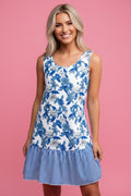 Floral Scoop-Neck Stripe Ruffle-Hem Dress