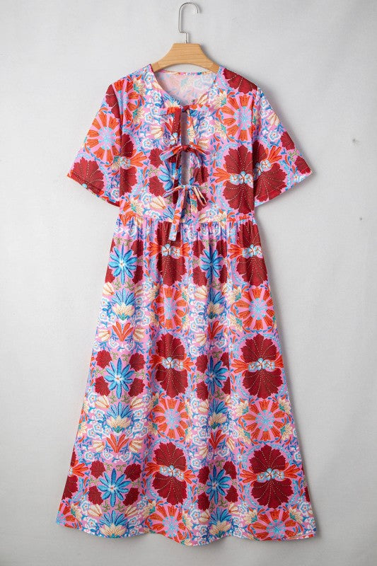 Floral Tied Front High Waist Short Sleeve Dress
