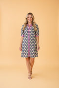 Floral Stripe Trim Short Sleeve Shift Dress