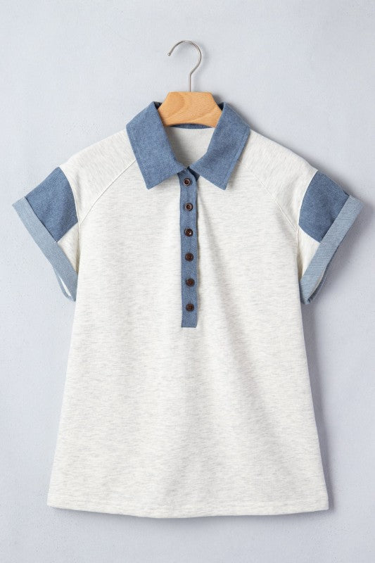 Denim Colorblock Patchwork Shirt Collar Blouse