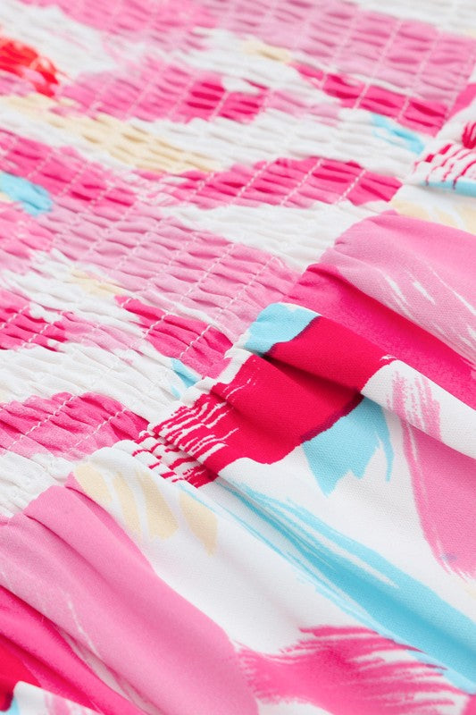 Abstract Brush Stroke Smocked Ruffle Tiered Dress