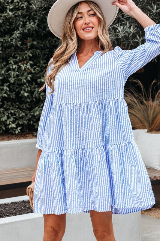 Stripe 3/4 Sleeve Pocketed Tiered Dress