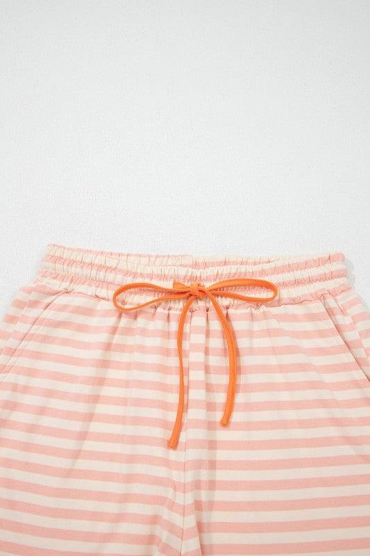 Stripe Neck Loose Tee & Drawstring Shorts Set