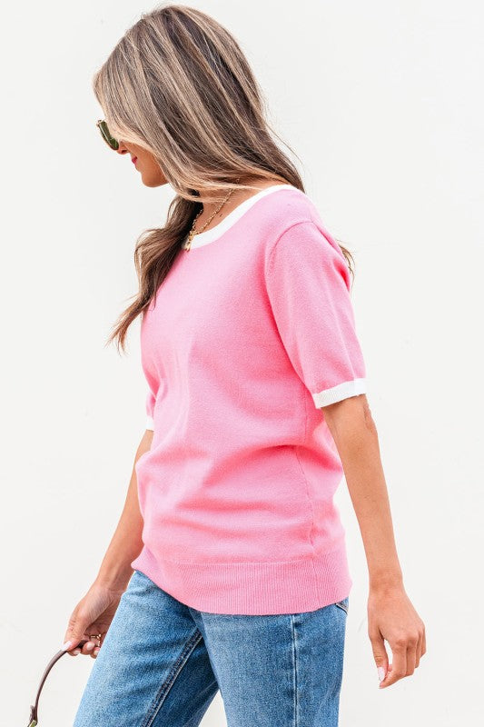 Mercy Bow V-Shape Cut Back Short Sleeve Sweater