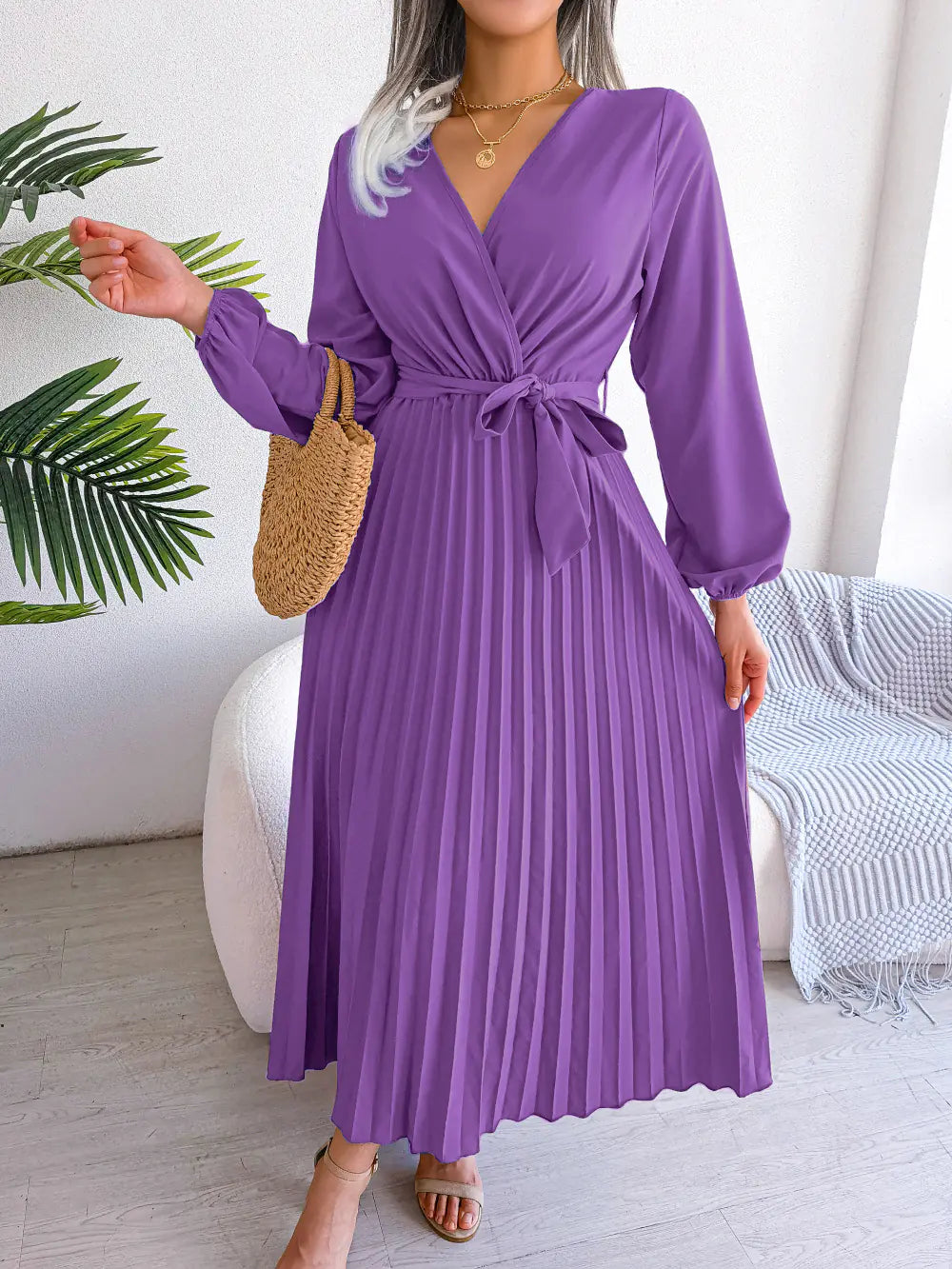 Spring/Summer Cross V-Neck Pleated Maxi Dress