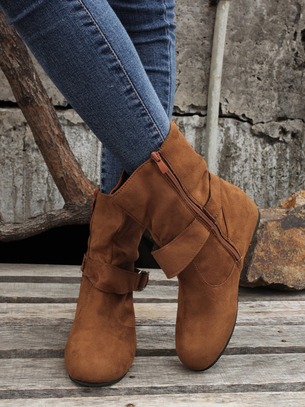 Ankle Boots  Round Toe Buckle Belt Side Zipper Boots