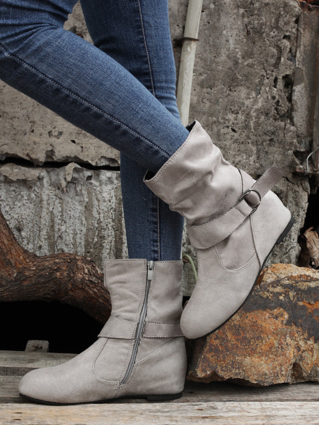 Ankle Boots  Round Toe Buckle Belt Side Zipper Boots