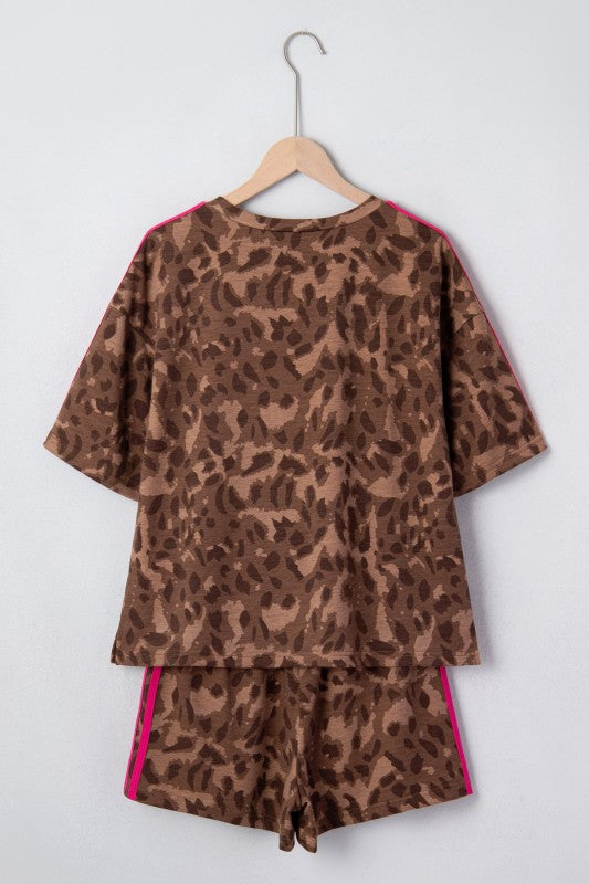 Leopard Contrast Stripe and Shorts Two-Piece Set