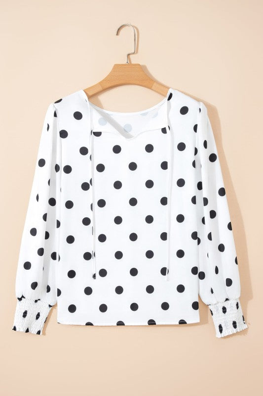 Polka Dot Frilled Long Sleeve Round Neck Blouse