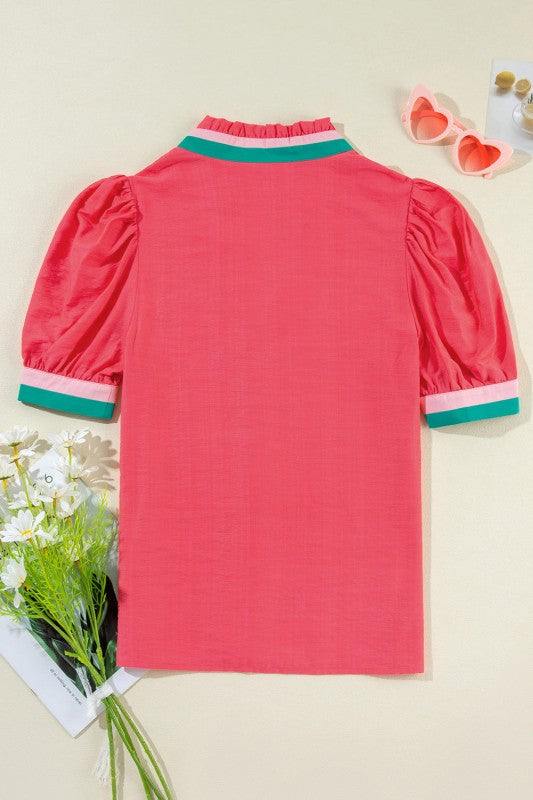 Colorblock Trim V-Neck Short Sleeve Blouse