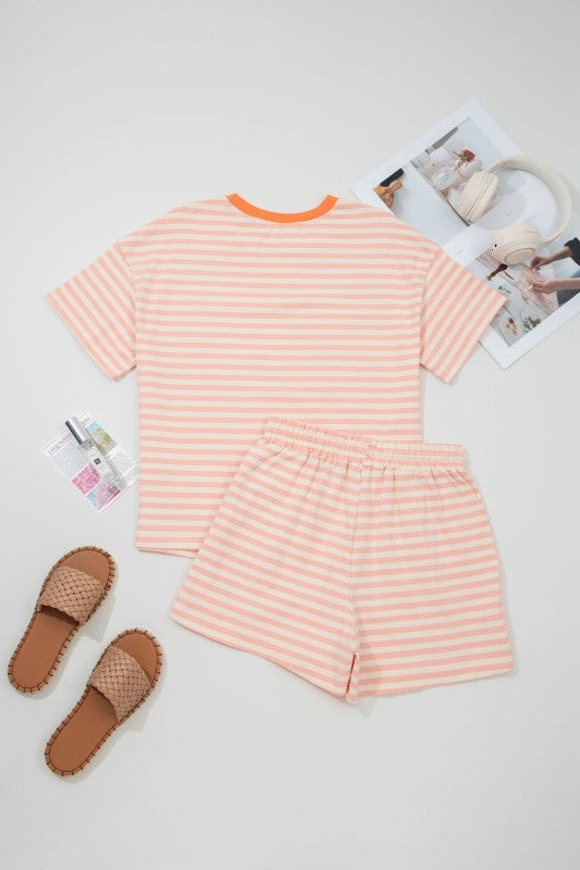 Stripe Neck Loose Tee & Drawstring Shorts Set