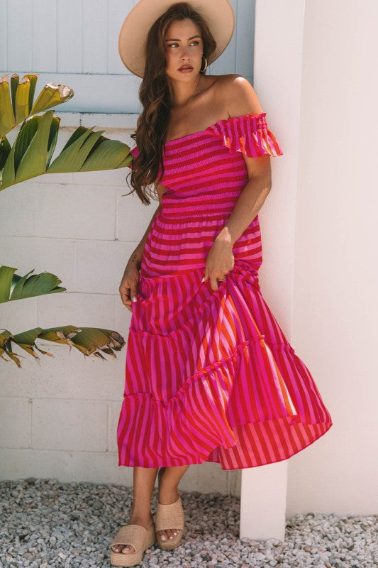 Stripe Smocked Bodice Flutter Sleeve Tiered Maxi D