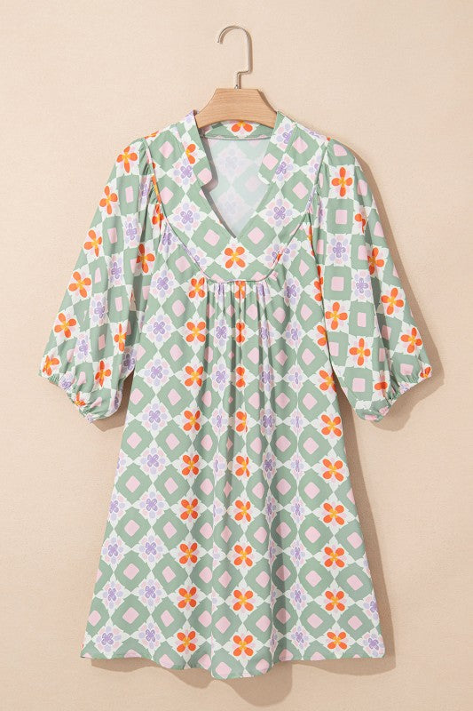 Geometric Floral 3/4 Sleeve Notched Neck Mini Dres