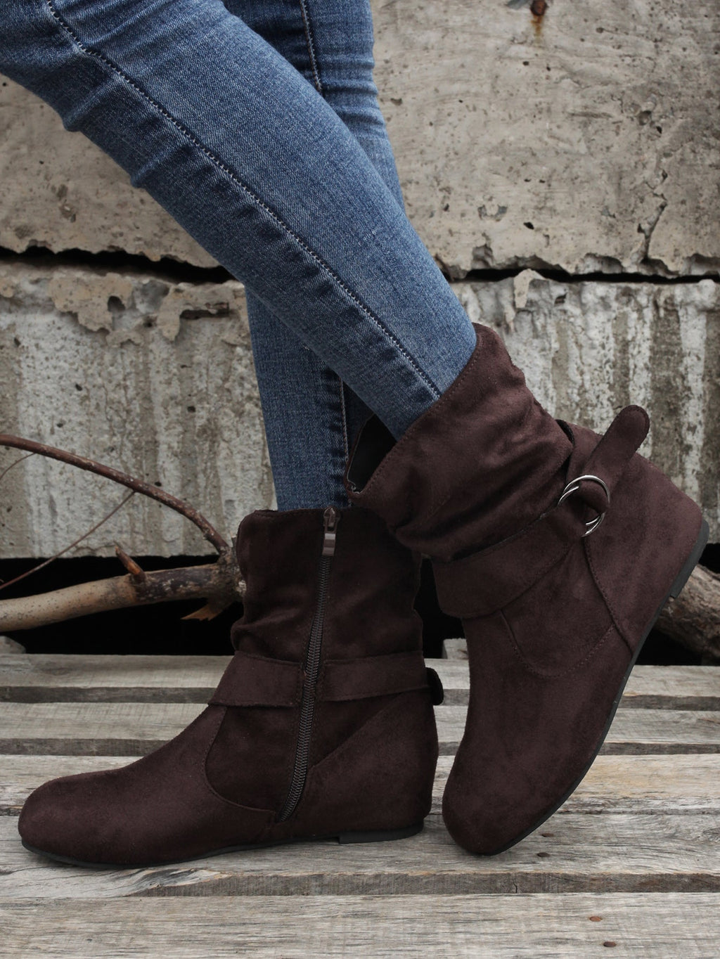 Ankle Boots  Round Toe Buckle Belt Side Zipper Boots