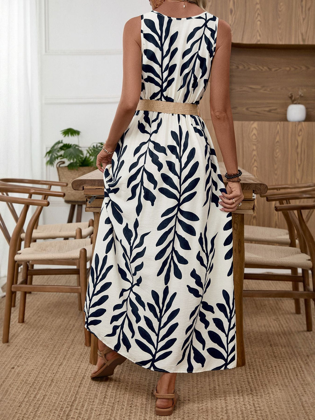 Leaf Print Sleeveless Slit Dress