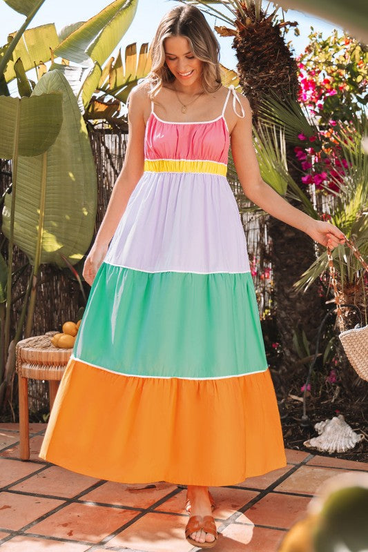 Colorblock Self-Tie Straps Pocketed Maxi Dress