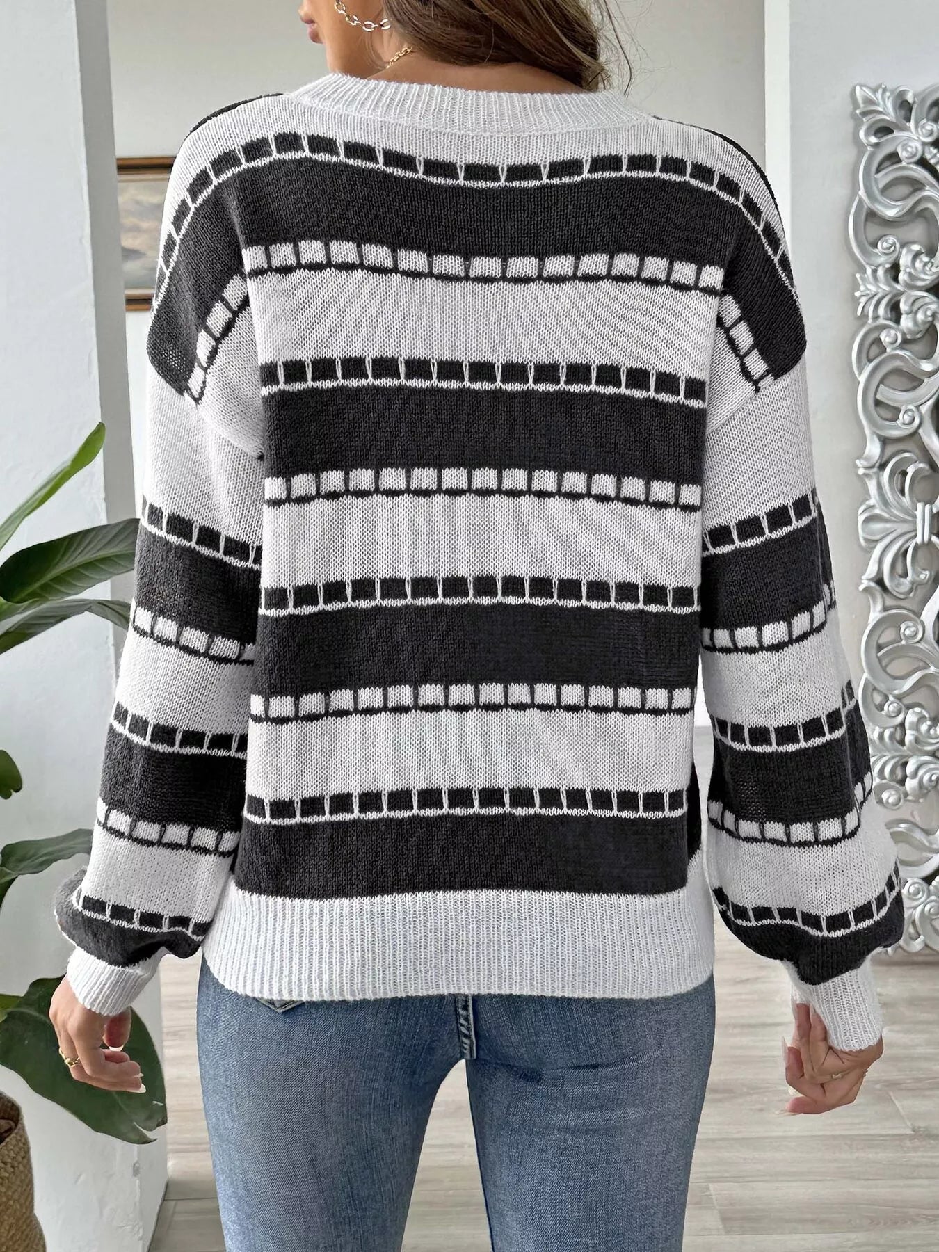 Striped Knit Dropped Shoulder Sweater