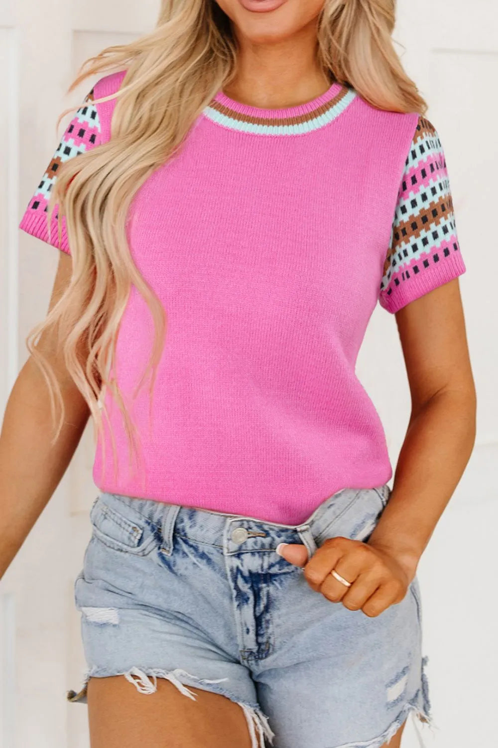 Contrast Short Sleeves Round Neck Sweater