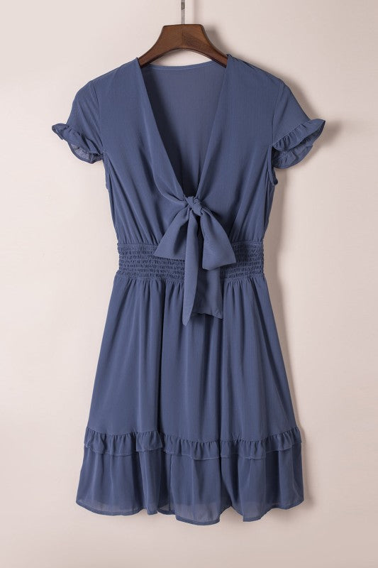 Deep V-Neck Knotted Front Layered Flare Mini Dress