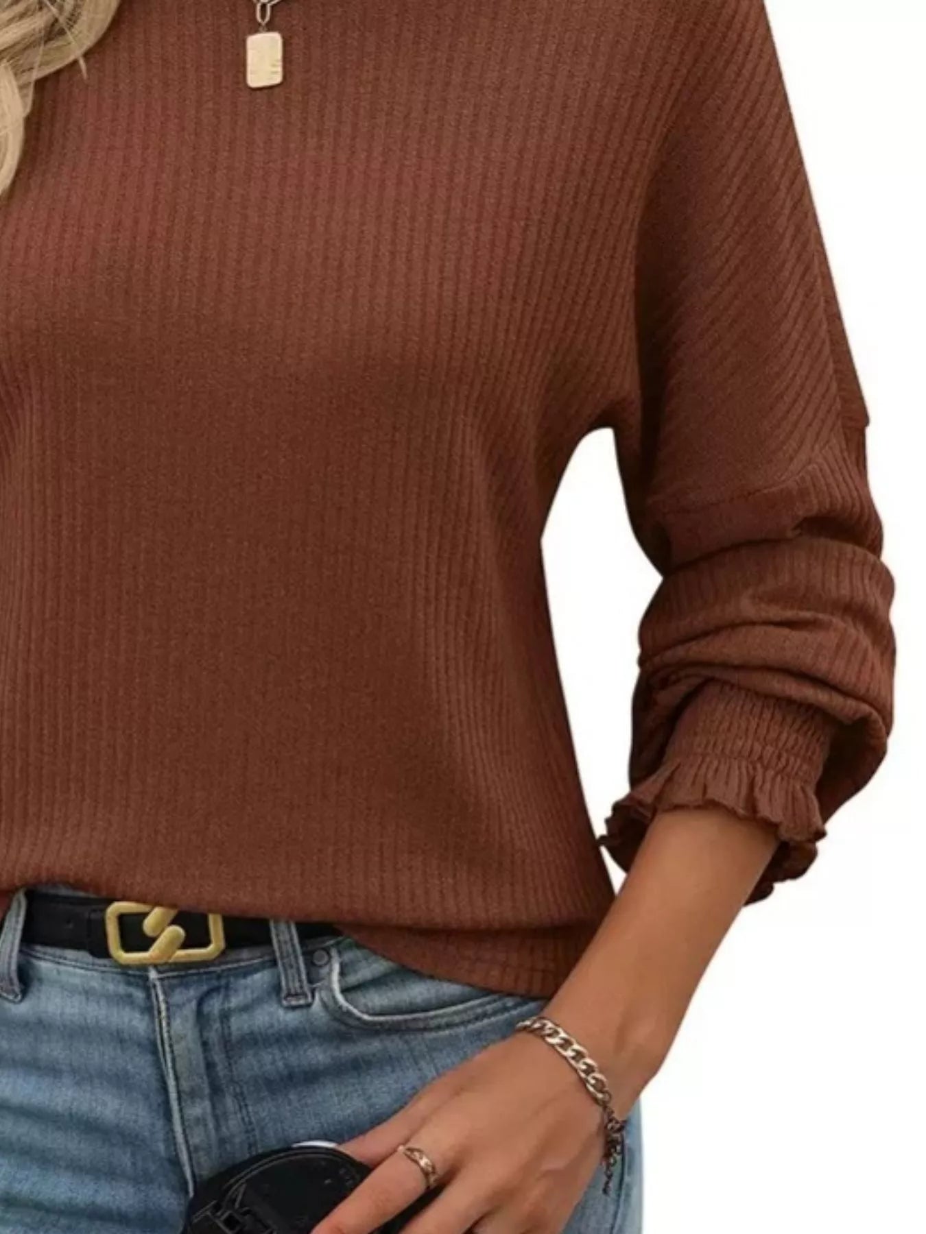 Ribbed Knit Long Sleeve T-Shirt