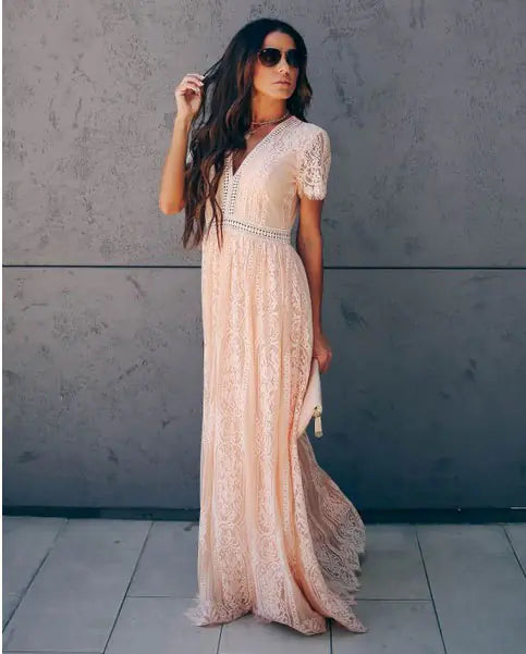 Summer New Women's Lace V-Neck Maxi Dress
