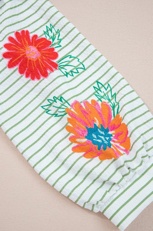 Floral Stripe Puff Sleeve Notched V-Neck Blouse