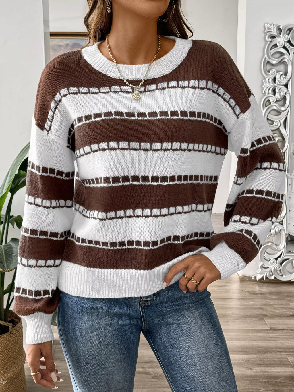 Striped Knit Dropped Shoulder Sweater