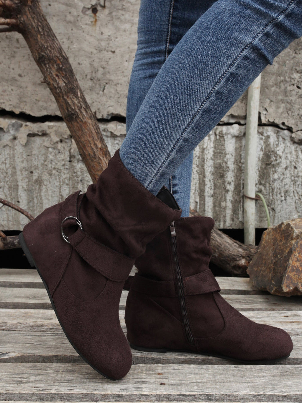 Ankle Boots  Round Toe Buckle Belt Side Zipper Boots