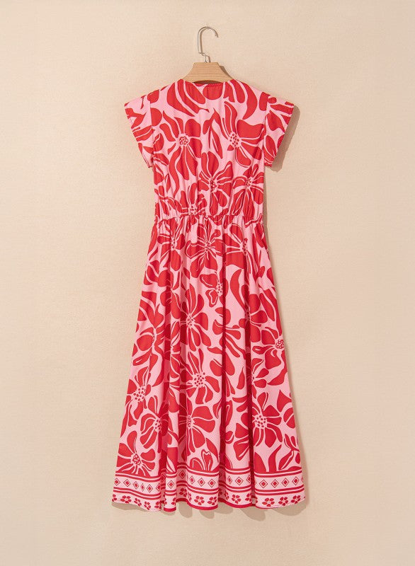 Floral Short Sleeve V-Neck Buttoned Maxi Dress