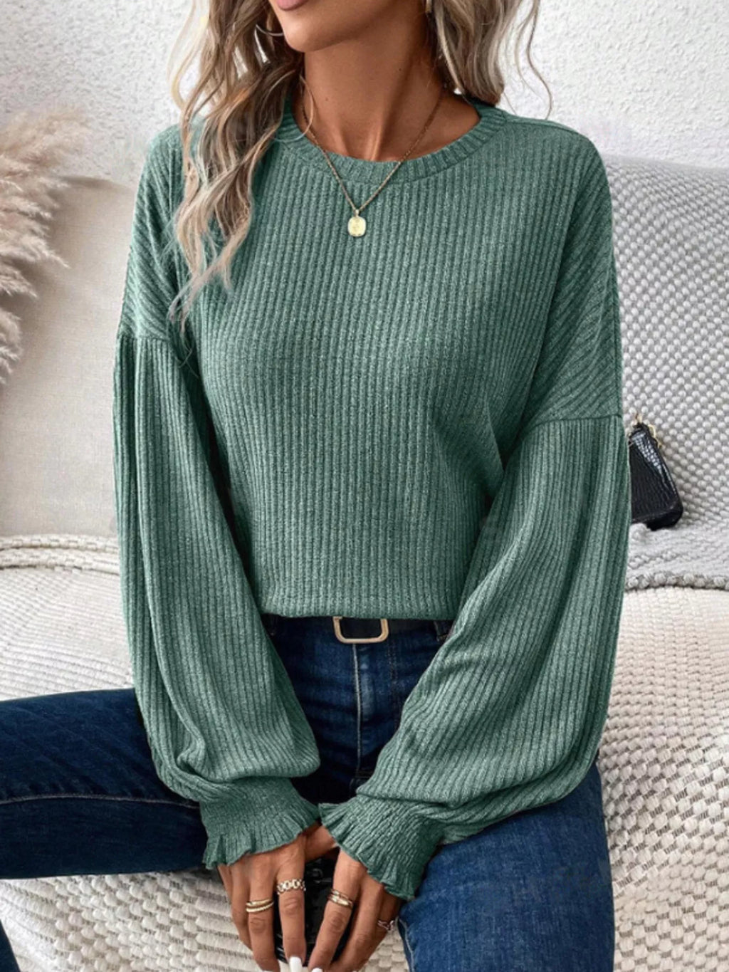 Ribbed Knit Long Sleeve T-Shirt