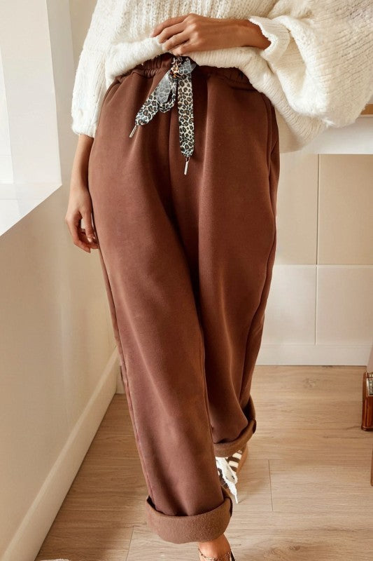 Leopard Drawstring Fleece Lined Elastic Waist Pant
