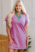 Stripe Collared V-Neck Puff Sleeve T-Shirt Dress
