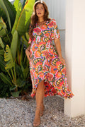 Tropical V-Neck Ruffle Asymmetric Slit Maxi Dress