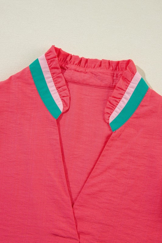 Colorblock Trim V-Neck Short Sleeve Blouse