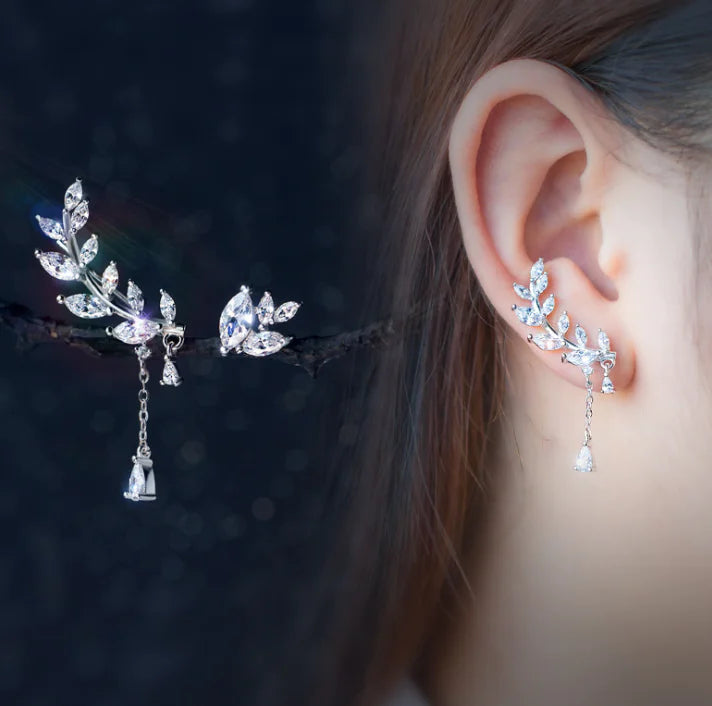 925 Silver Asymmetrical Earrings with Diamond Leaves