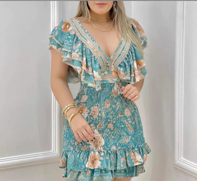 European Style Floral V-Neck Ruffle Dress