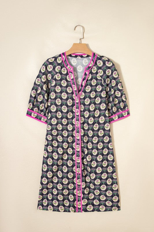 Floral Stripe Trim Short Sleeve Shift Dress