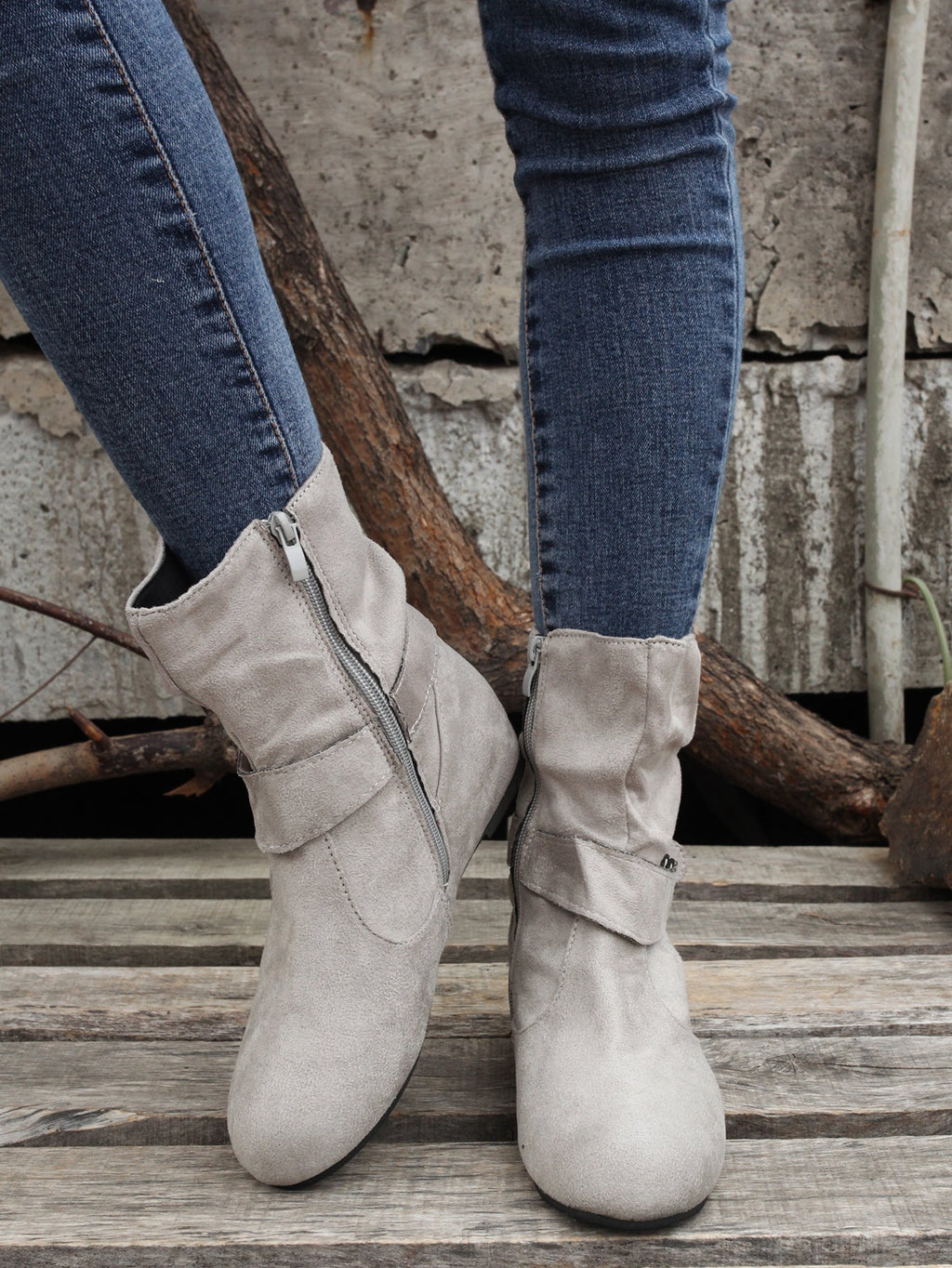 Ankle Boots  Round Toe Buckle Belt Side Zipper Boots