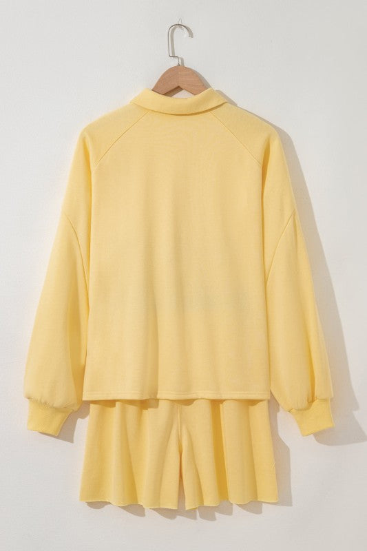 Solid Buttoned Collar Pullover & Shorts Set