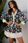 Floral Stripe Trim V-Neck Ruffle Hem Mini Dress